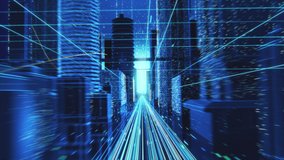 Digital VFX 3D Render of a Futuristic Business City. Camera Flowing Through the Abstract Streets with Technological Interconnected Lines Representing Worldwide Web, Internet Connectivity and Big Data. - Powered by Shutterstock - Get 15% off with code: PIKWIZARD15