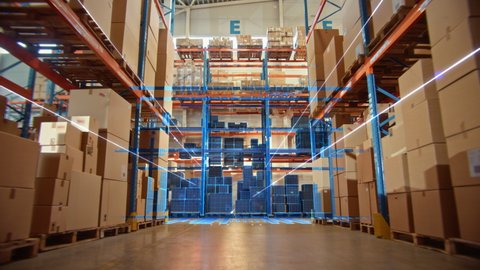 Futuristic Technology Retail Warehouse: Digitalization and Visualization of Industry 4.0 Process that Analyzes Goods, Cardboard Boxes, Products Delivery Infographics in Logistics, Distribution Center