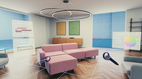 Digital User Interface of a Virtual Reality Interior Design Software for Creating Living Room Spaces. Interactive Simulator App for Constructing Furniture, Moving Appliances, Building Metaverse.