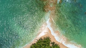 Aerial view Drone camera top view sea beach with coconut palm trees. Beautiful sea phuket island Travel and tour background High quality video footage from drone camera High angle view
