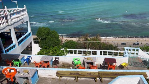 Tangier, Morocco - March 04, 2022; Panoramic view over the Mediterranean Sea from the Hafa cafe