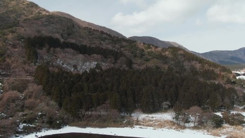 Aerial view of snowy Hakone and Lake Ashinoko