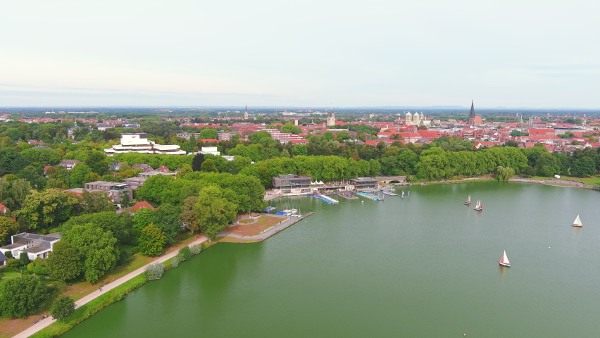 Munster: Aerial view of city in Germany, Recreational lake Münstersche Aa (Aasee) - landscape panorama of Europe from above