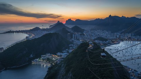 Zoom out time lapse view of Rio de Janeiro cityscape at sunset in Brazil, South America. 