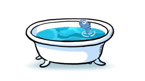 Cartoon blue fish swimming and jumping in the bathtub. Animation metaphor of a limited space for living. Alpha channel included.