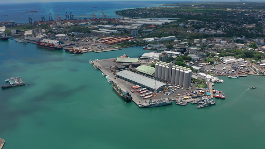 City on the Indian Ocean. Aerial view Port Louis on beautiful sunny day. Capital of the island of Mauritius