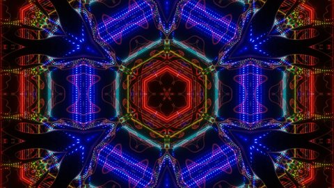 Symmetrical pattern. 4k neon kaleidoscope seamless looped background with glow neon lines and mirror reflection. Star or flower structure of symmetry. Bright festive abstract background