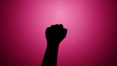 Man showing rock and roll gesture with fingers isolated on pink background. Male person making shadow silhouette with hand close-up.