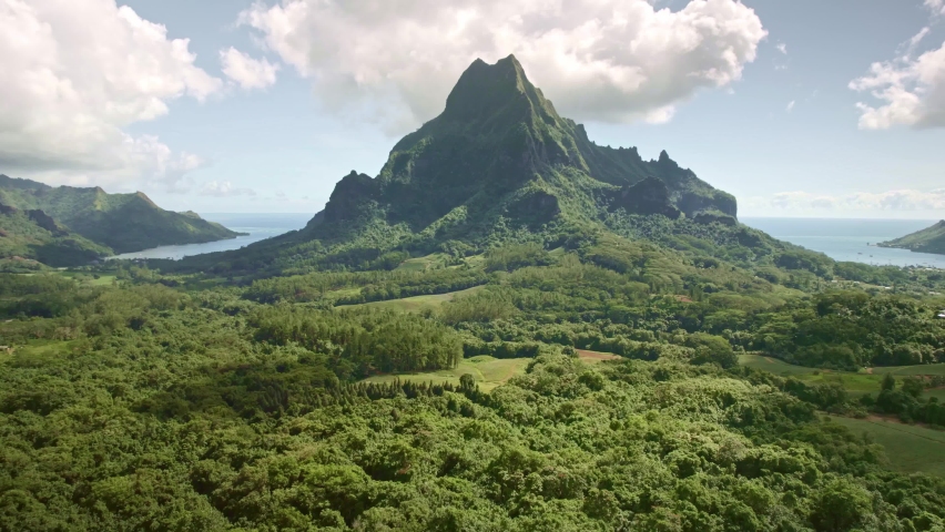 Drone 4k Tahiti. Slow motion. Mountain Rotui forest jungle. Tropical paradise, vacation in French Polynesia,  Moorea Tahiti travel. 
 Royalty-Free Stock Footage #1088304971