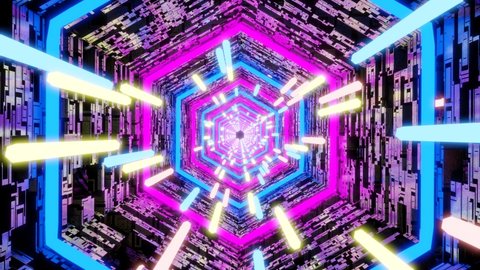 Wormhole through time and space. Motion graphic flying into digital technologic tunnel. 3D Big Data Digital tunnel square with futuristic matrix. Technological and connection motion background.
