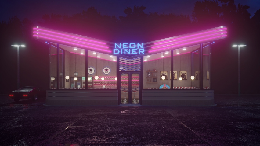 Neon diner and retro car late at night. Fog, rain and neon colour reflections on asphalt. Retro diner interior. Tile floor, neon illumination, jukebox and retro style bar stools. 3d illustration. Royalty-Free Stock Footage #1088307407