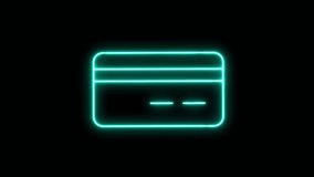 4K Video in Glowing Neon Line Credit Card Icon Isolated on Black Background. Cash withdrawal. Financial operations. Shopping sign. 4K Video motion graphic animation. Banking and Online payment concept