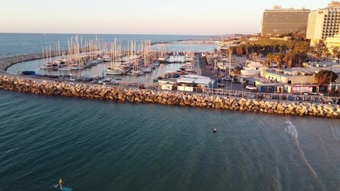 Tel Aviv, Israel - March 15, 2022: Aerial footage of Tel Aviv's Marina with boats.