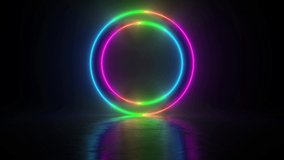 Circle stage multicolored neon light. Futuristic Sci fi abstract colorful circles background. Shine rings. LED ellipses. Shimmer motion glow portal. Podium for product display. 3d animation loop 4K - Powered by Shutterstock - Get 15% off with code: PIKWIZARD15