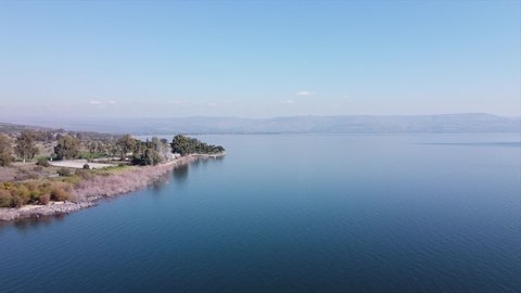 Sea of Galilee Israel - March 15, 2022: Aerial footage of Tabgha Church of the Multiplication of the Loaves and Fishes ,Church of the Primacy of Saint Peter