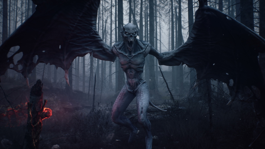 A creepy vampire stands in the middle of a burnt-out, mysterious forest. Concept of a fairy tale creature from a dark forest. The animation is perfect for spooky, fantastical and fairytale backgrounds Royalty-Free Stock Footage #1088316043