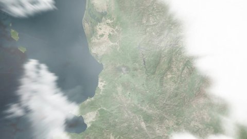 Earth zoom in from space and focus on Tepic, Nayarit, Mexico. The animation continues by zoom out through clouds and atmosphere into space. Background for travel intro.