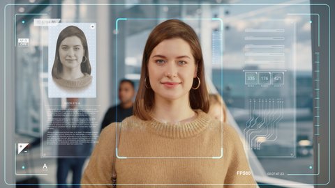 Caucasian Female Proceeds Through Automated Passport Border Control with Identity Face Recognition Scanner at International Airport. Footage Showing Biometric Facial Recognition Scanning Process.