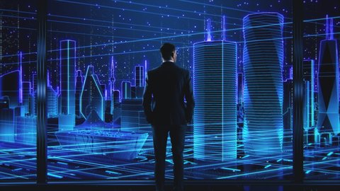 VFX Futuristic Business Concept. Businessman Standing in Front of Animated Futuristic City with Rendered Skyscrapers and Office Buildings. Opportunity and Success in Information and Big Data Age.