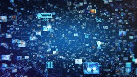 VFX Animated Background with Virtual Social Media Reality Interconnected by Internet Into Worldwide Web. Internet of Things Concept with Videos, Avatars, Profiles Flowing in Online Information Space. - Powered by Shutterstock - Get 15% off with code: PIKWIZARD15