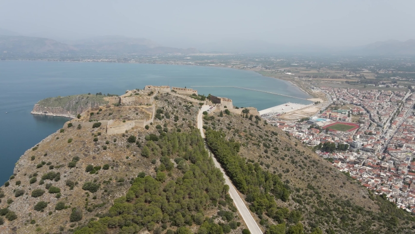 Panoramic aerial view of Palamidi fortress cityscape of Nafplion town, Peloponnese peninsula, Greece. Summer holidays