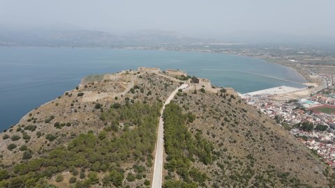 Panoramic aerial view of Palamidi fortress cityscape of Nafplion town, Peloponnese peninsula, Greece. Summer holidays