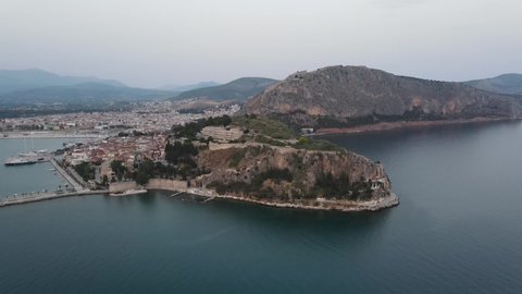 Panoramic view of Peloponnese historical seaside old town of Nafplio in Greece, Europe. Aerial drone shot