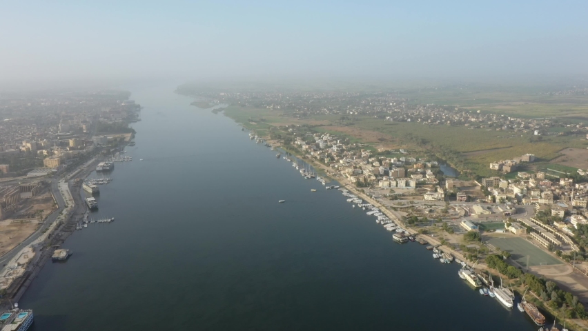 Aerial Drone shot of Luxor West Bank and Nile Valley in Egypt