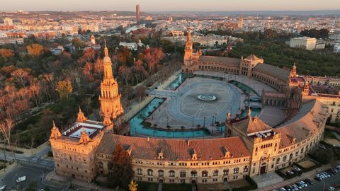 Aerial view of Plaza de Espana - Spanish Square - at sunrise in Seville, Spain. Morning view of Seville city and Plaza de Espana with Maria Luisa Park