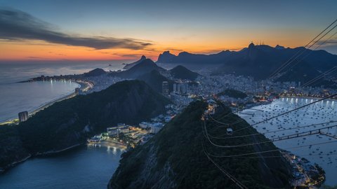 Time lapse view of Rio de Janeiro cityscape at sunset in Brazil, South America. 