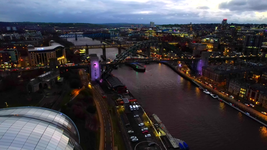 Drone Aerial Of Newcastle Upon Tyne City At Night, River Tyne Royalty-Free Stock Footage #1088322263