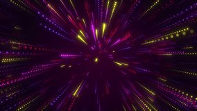 Abstract neon particles loop animation. Modern background, seamless motion design, screensaver, backdrop. 4k animated poster banner. glowing neon lights red, yellow, pink colors. fly through space