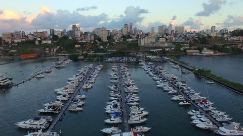 Aerial view of boats and small yachts docked at Bahia Marina in Salvador, Bahia, Brazil.