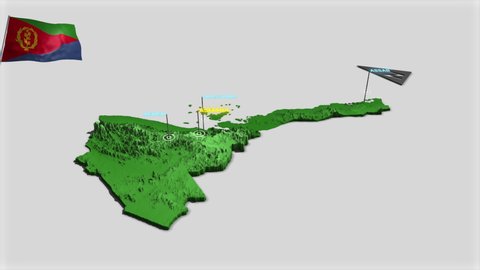 Seamless looping animation of the earth zooming in to the 3d map of Eritrea with the capital and the biggest cites in 4K resolution