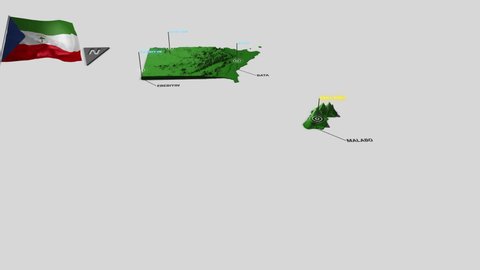 Seamless looping animation of the earth zooming in to the 3d map of Equatorial Guinea with the capital and the biggest cites in 4K resolution