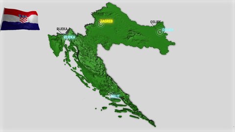 Seamless looping animation of the earth zooming in to the 3d map of Croatia with the capital and the biggest cites in 4K resolution