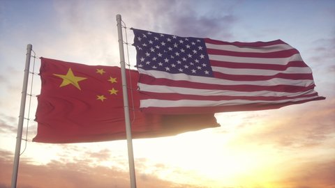 USA and China flag on flagpole. The United States of America and China waving flag in wind. USA and China Trade War