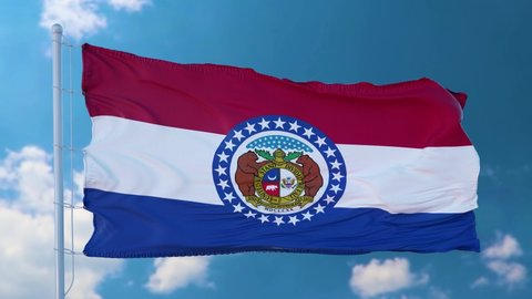Flag of Missouri state, region of the United States, waving at wind