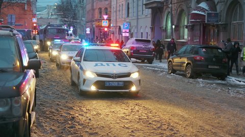 Moscow - 31.01.21. Riot police cars, vehicles Russian enforcers. Strobe light flasher streets. Armored flash paddy van cars ready emergency police. Carrier wagon flash bar for criminal incident.
