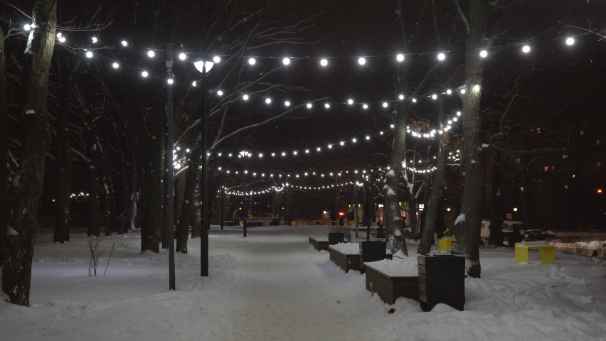 road in the park with a New Year's garland in winter time at night Royalty-Free Stock Footage #1088332549