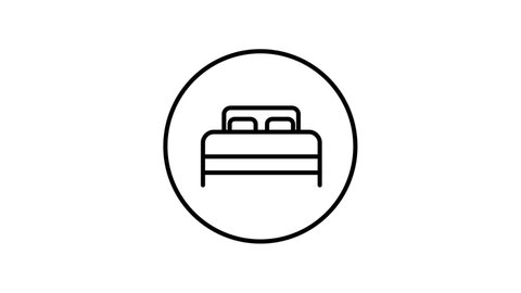 Bed line icon inside circle, bedding black outline, line icons, black and white.