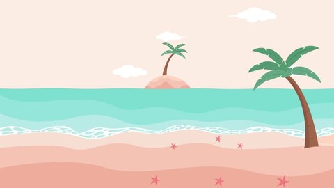 Beautiful tropical beach animation with starfish on the sand. Cartoon in 4k resolution