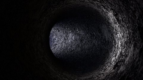 An endless underground cave. Darkness and anxiety. A mysterious and creepy rocky tunnel. 3D rendering. The viewpoint rotates up, down, left, and right. Loop footage.