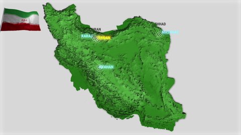 Seamless looping animation of the earth zooming in to the 3d map of Iran with the capital and the biggest cites in 4K resolution