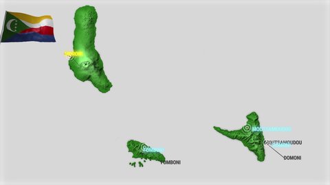 Seamless looping animation of the earth zooming in to the 3d map of Comoros with the capital and the biggest cites in 4K resolution