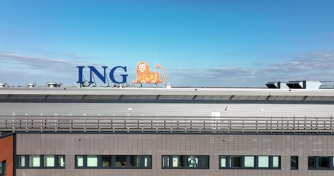 Amsterdam, 6th of March 2022, The Netherlands. ING international commercial major bank financial institution office and logo on a office building facade. Aerial drone view