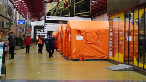 Ukrainian refugee tent in Bucharest North Railway Station (Gara de Nord Bucharest) in Bucharest, Romania, 2022