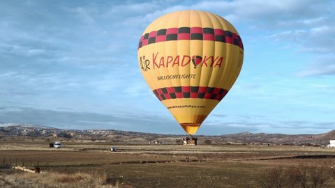 Cappadocia, Turkey – March 3, 2021: Aerial of hot air balloons flying at sunrise, 4k