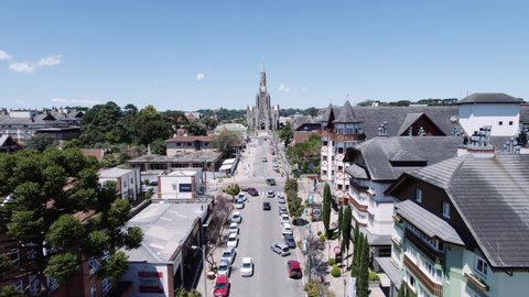 Canela, Rio Grande do Sul, Brazil, circa February 2022: Aerial view of "Matriz de Nossa Senhora de Lourdes Church" in Canela, Rio Grande do Sul, Brazil.