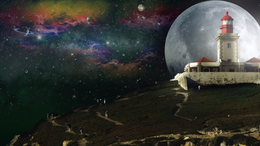 People Walking By Lighthouse Under Planets In Space, Surreal Landscape. Surreal landscape of many people walking by a lighthouse under planets in space
